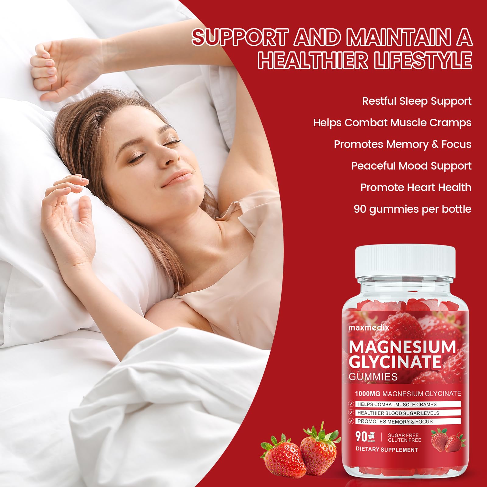Magnesium Glycinate Gummies 1000mg, Sugar Free Magnesium Potassium Supplements Chewable for Adults with L-Threonate for Sleep, Body Support and Relaxation,90 Strawberry Gummies - dailyvitalstore