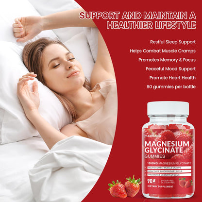 Magnesium Glycinate Gummies 1000mg, Sugar Free Magnesium Potassium Supplements Chewable for Adults with L-Threonate for Sleep, Body Support and Relaxation,90 Strawberry Gummies - dailyvitalstore