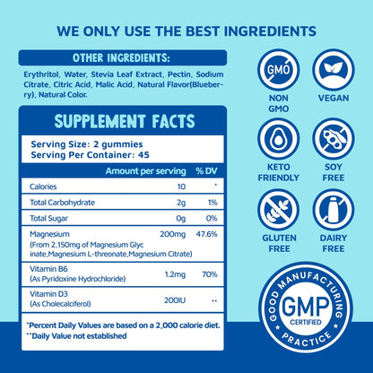 Magnesium Glycinate Gummies 2150 mg with Magnesium L-Threonate for Adults, Melatonin Free, High Absorption, Blueberry Flavor, 90 Count - dailyvitalstore