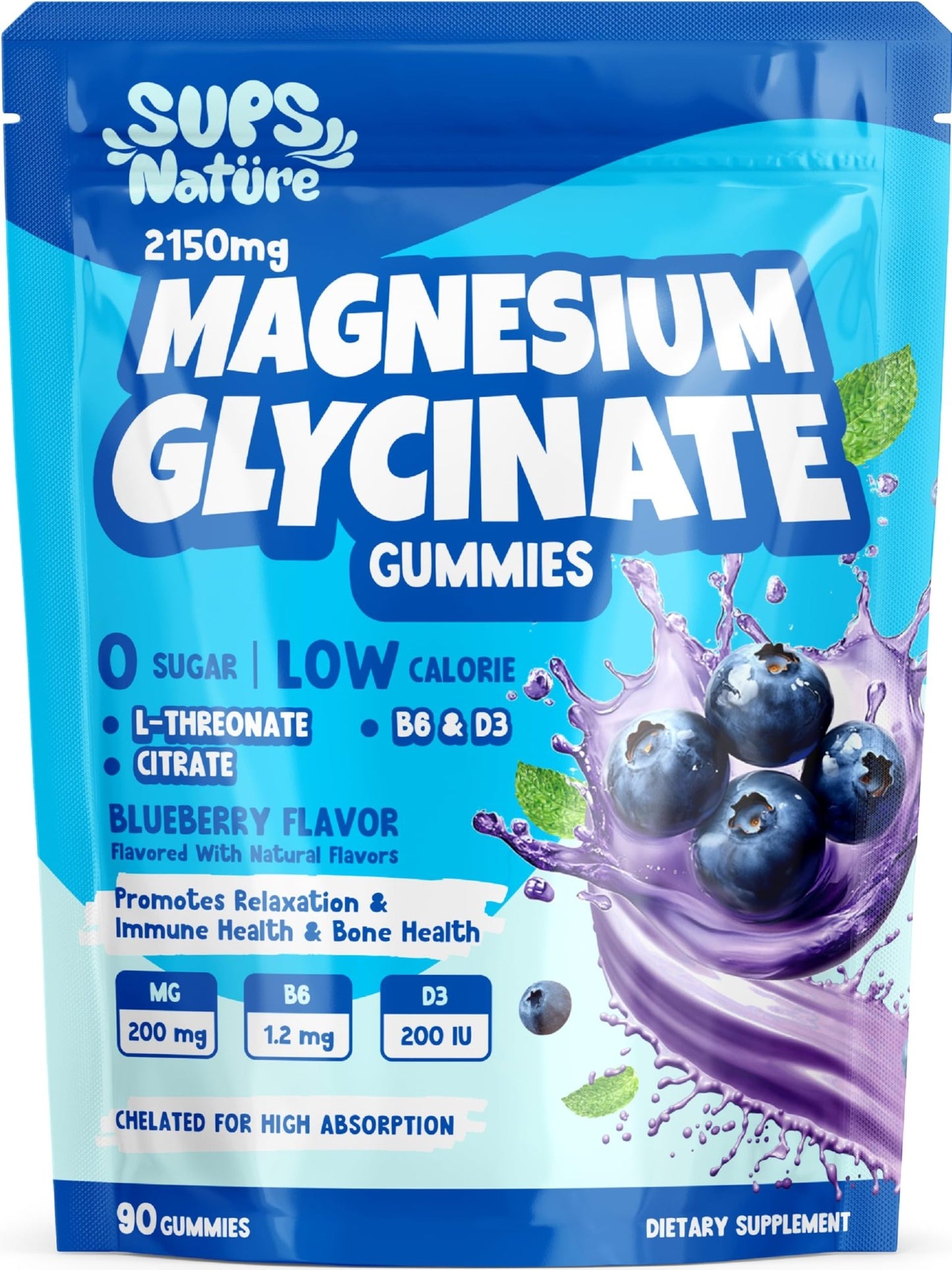 Magnesium Glycinate Gummies 2150 mg with Magnesium L-Threonate for Adults, Melatonin Free, High Absorption, Blueberry Flavor, 90 Count - dailyvitalstore
