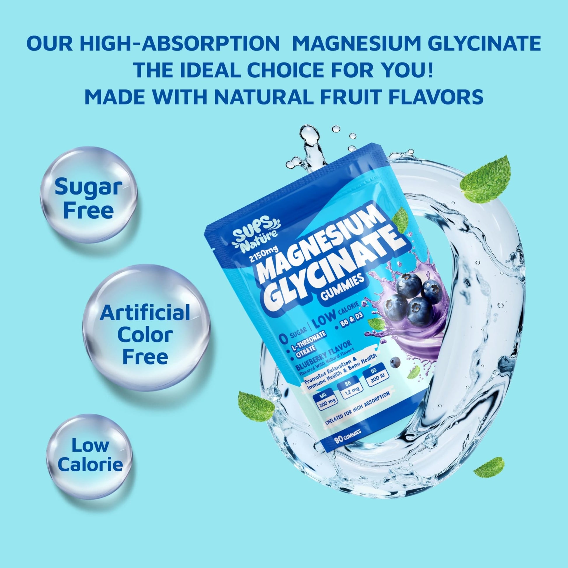 Magnesium Glycinate Gummies 2150 mg with Magnesium L-Threonate for Adults, Melatonin Free, High Absorption, Blueberry Flavor, 90 Count - dailyvitalstore