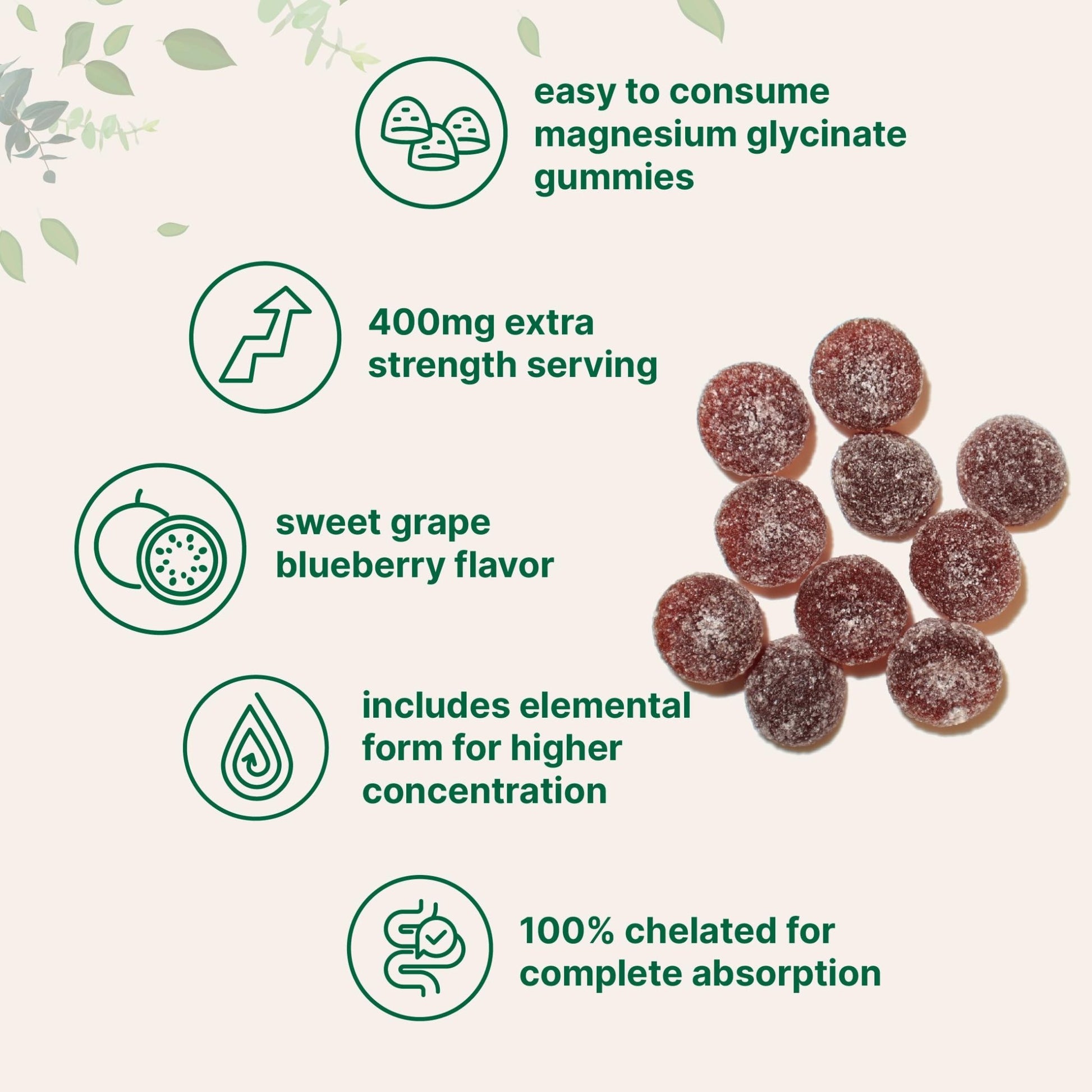 Magnesium Glycinate Gummies 400mg Per Serving, 120 Count | Natural Grape Blueberry Flavor | Potent Elemental Form + Chelated for High Absorption | Healthy Muscle, Bones, & Mood Support Supplement - dailyvitalstore