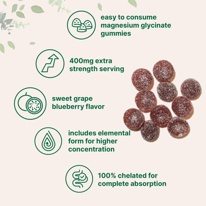 Magnesium Glycinate Gummies 400mg Per Serving, 120 Count | Natural Grape Blueberry Flavor | Potent Elemental Form + Chelated for High Absorption | Healthy Muscle, Bones, & Mood Support Supplement - dailyvitalstore