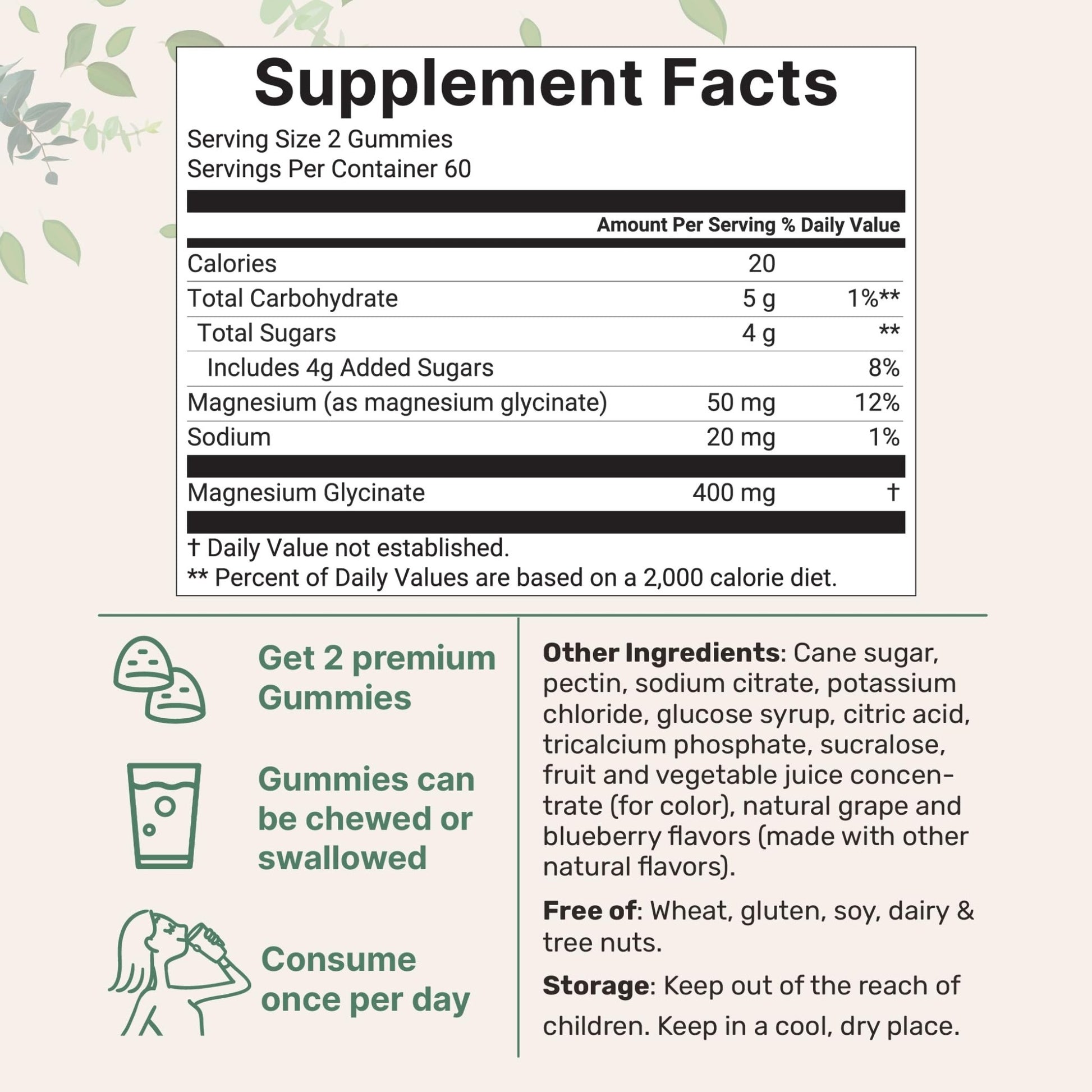 Magnesium Glycinate Gummies 400mg Per Serving, 120 Count | Natural Grape Blueberry Flavor | Potent Elemental Form + Chelated for High Absorption | Healthy Muscle, Bones, & Mood Support Supplement - dailyvitalstore