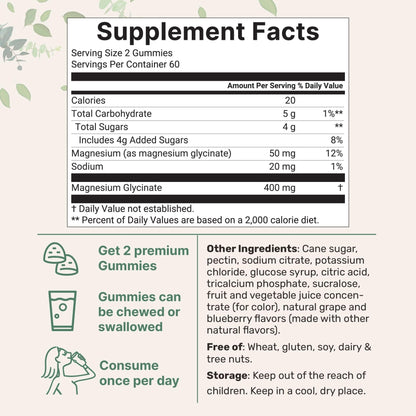 Magnesium Glycinate Gummies 400mg Per Serving, 120 Count | Natural Grape Blueberry Flavor | Potent Elemental Form + Chelated for High Absorption | Healthy Muscle, Bones, & Mood Support Supplement - dailyvitalstore