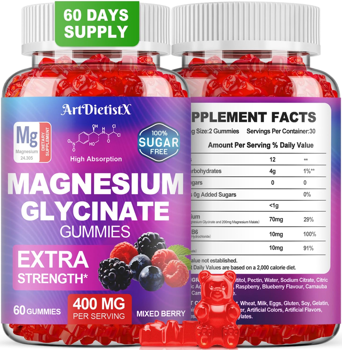 Magnesium Glycinate Gummies 400mg, Sugar Free Mаgnеsium Gummiеs for Adults with Magnesium Malate, Zinc, and Vitamin B6 for Sleep, Body Support and Relaxation, Non GMO, 60 Count-Multi-Flavor - dailyvitalstore