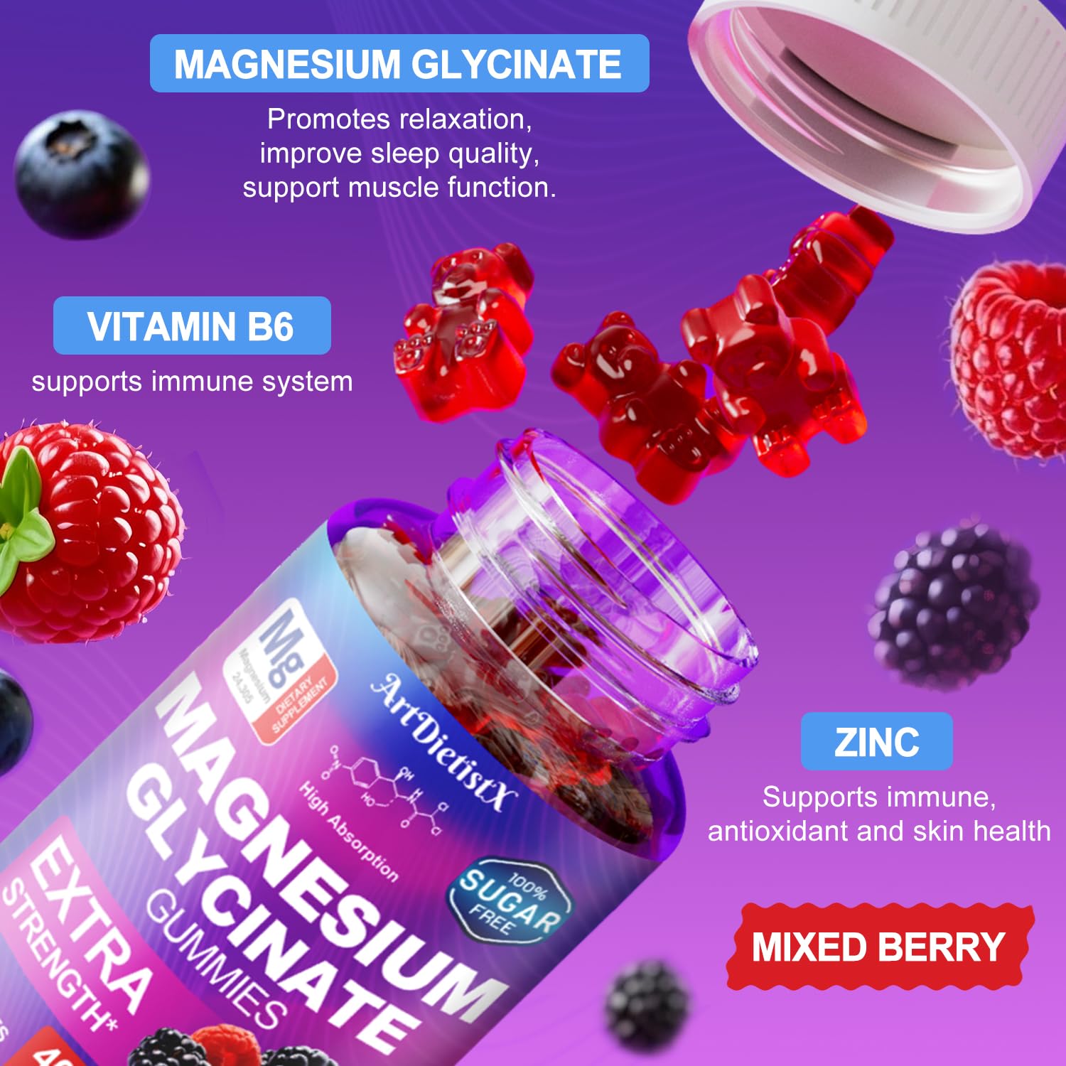 Magnesium Glycinate Gummies 400mg, Sugar Free Mаgnеsium Gummiеs for Adults with Magnesium Malate, Zinc, and Vitamin B6 for Sleep, Body Support and Relaxation, Non GMO, 60 Count-Multi-Flavor - dailyvitalstore