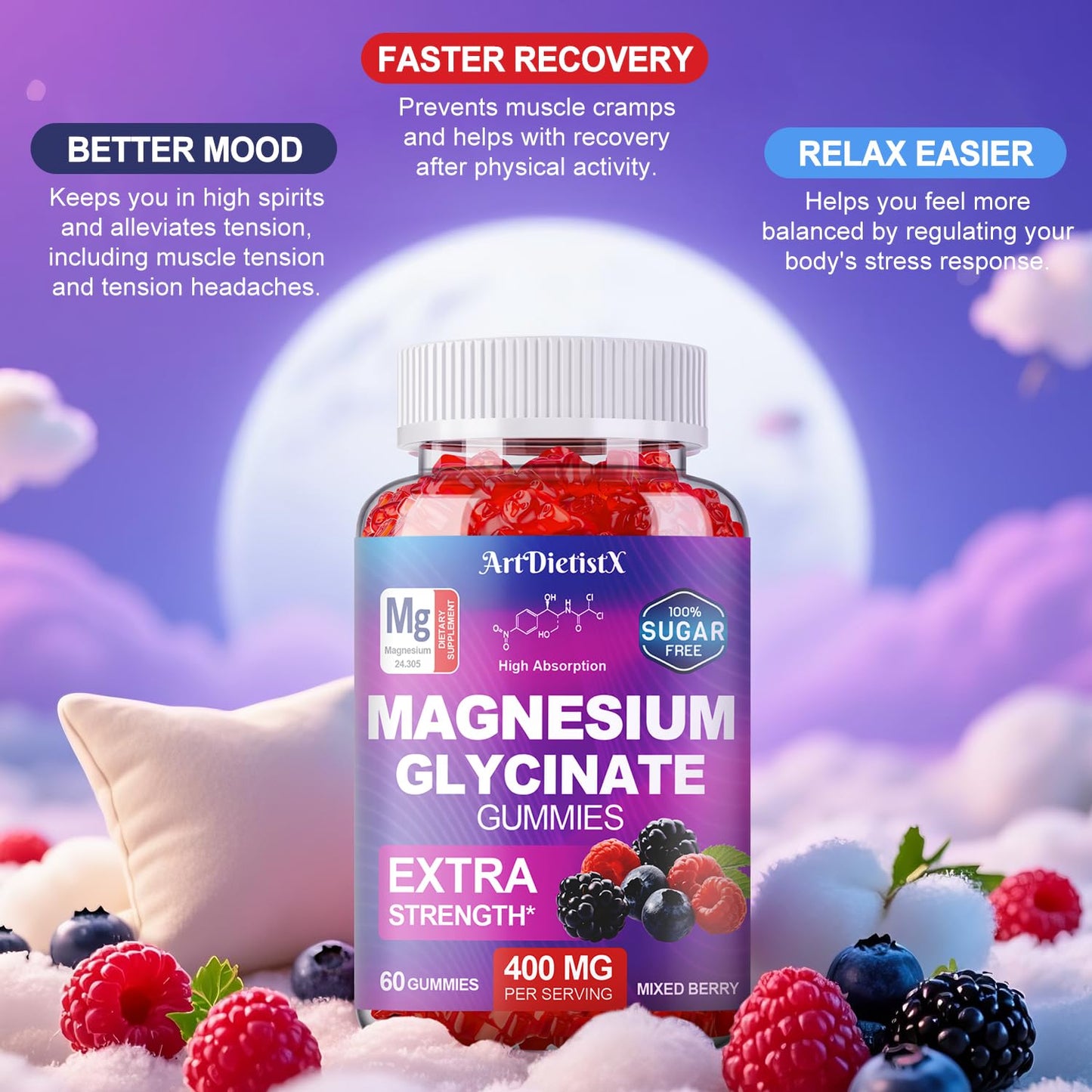 Magnesium Glycinate Gummies 400mg, Sugar Free Mаgnеsium Gummiеs for Adults with Magnesium Malate, Zinc, and Vitamin B6 for Sleep, Body Support and Relaxation, Non GMO, 60 Count-Multi-Flavor - dailyvitalstore