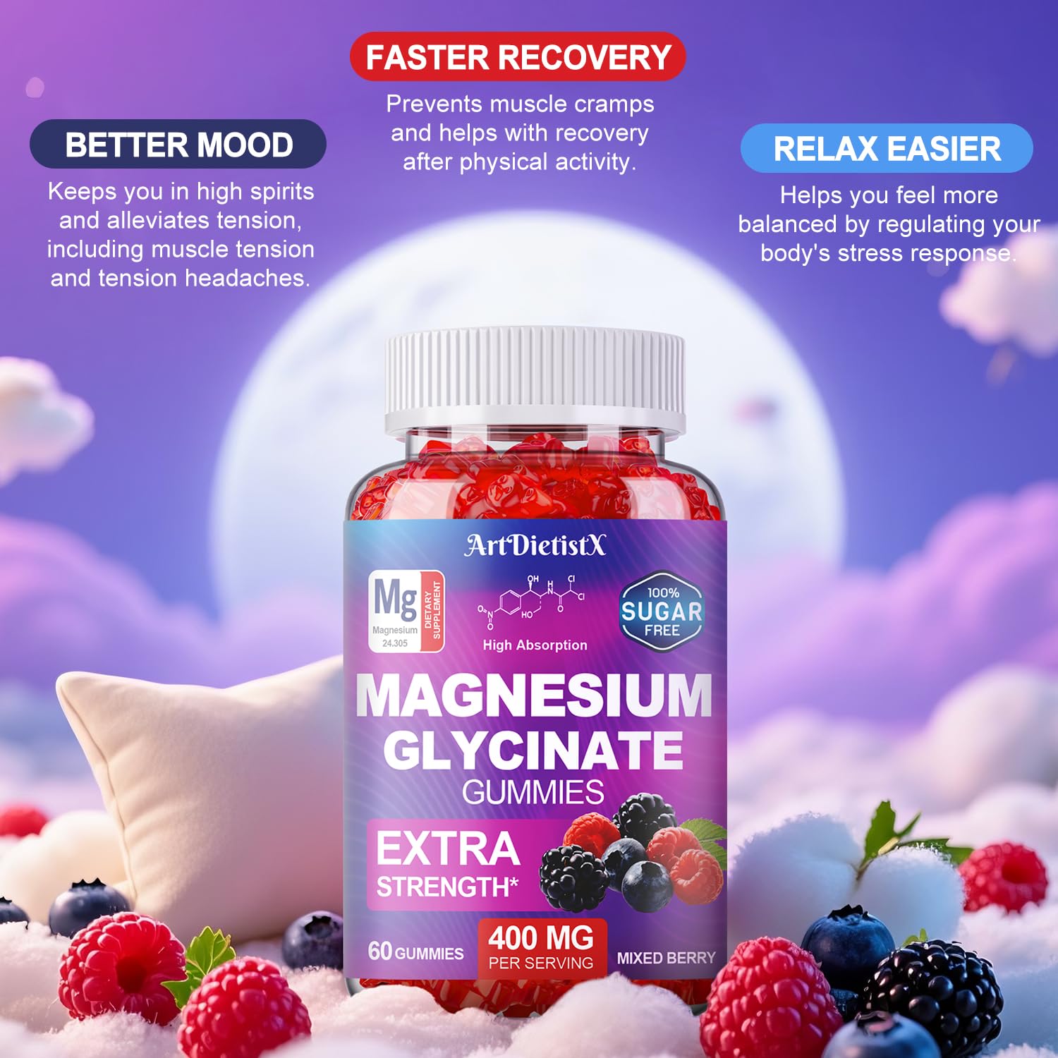 Magnesium Glycinate Gummies 400mg, Sugar Free Mаgnеsium Gummiеs for Adults with Magnesium Malate, Zinc, and Vitamin B6 for Sleep, Body Support and Relaxation, Non GMO, 60 Count-Multi-Flavor - dailyvitalstore