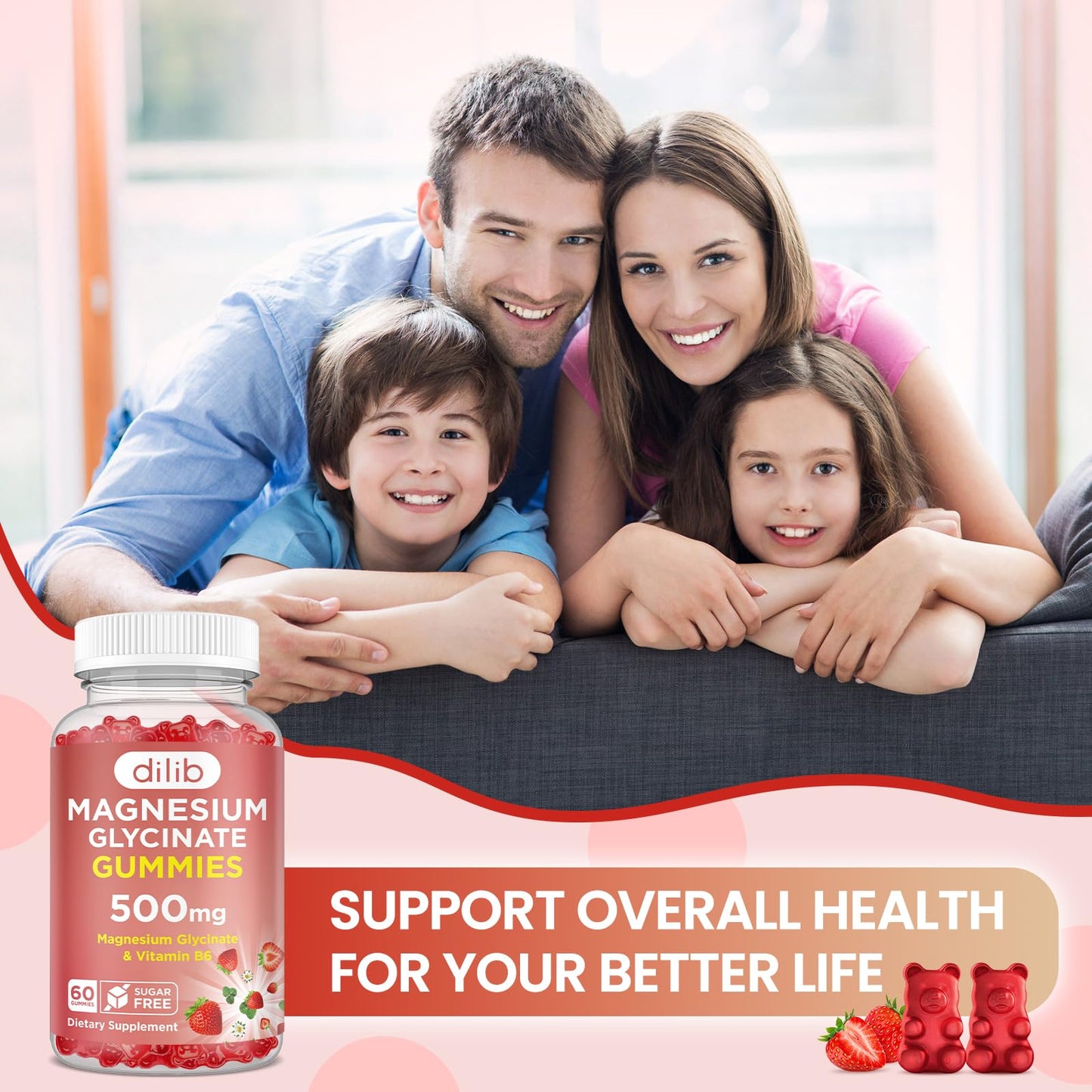 Magnesium Glycinate Gummies 500mg - Magnesium Supplement with Vitamin B6 for Adults & Magnesium for Kids - Calm Magnesium for Sleep, Mood, Muscle Support - Strawberry Flavor, 60 Gummies - dailyvitalstore