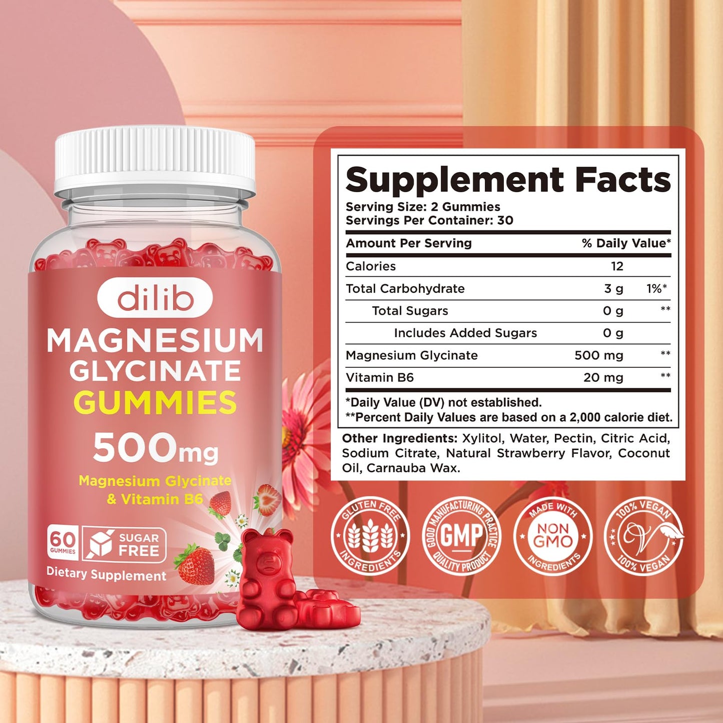Magnesium Glycinate Gummies 500mg - Magnesium Supplement with Vitamin B6 for Adults & Magnesium for Kids - Calm Magnesium for Sleep, Mood, Muscle Support - Strawberry Flavor, 60 Gummies - dailyvitalstore
