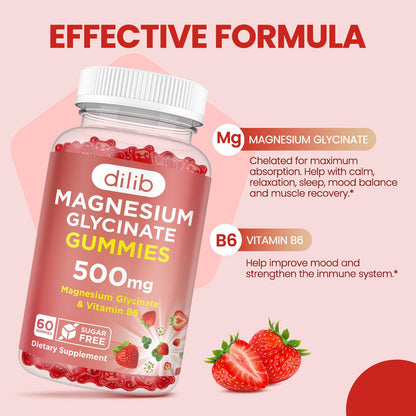 Magnesium Glycinate Gummies 500mg - Magnesium Supplement with Vitamin B6 for Adults & Magnesium for Kids - Calm Magnesium for Sleep, Mood, Muscle Support - Strawberry Flavor, 60 Gummies - dailyvitalstore