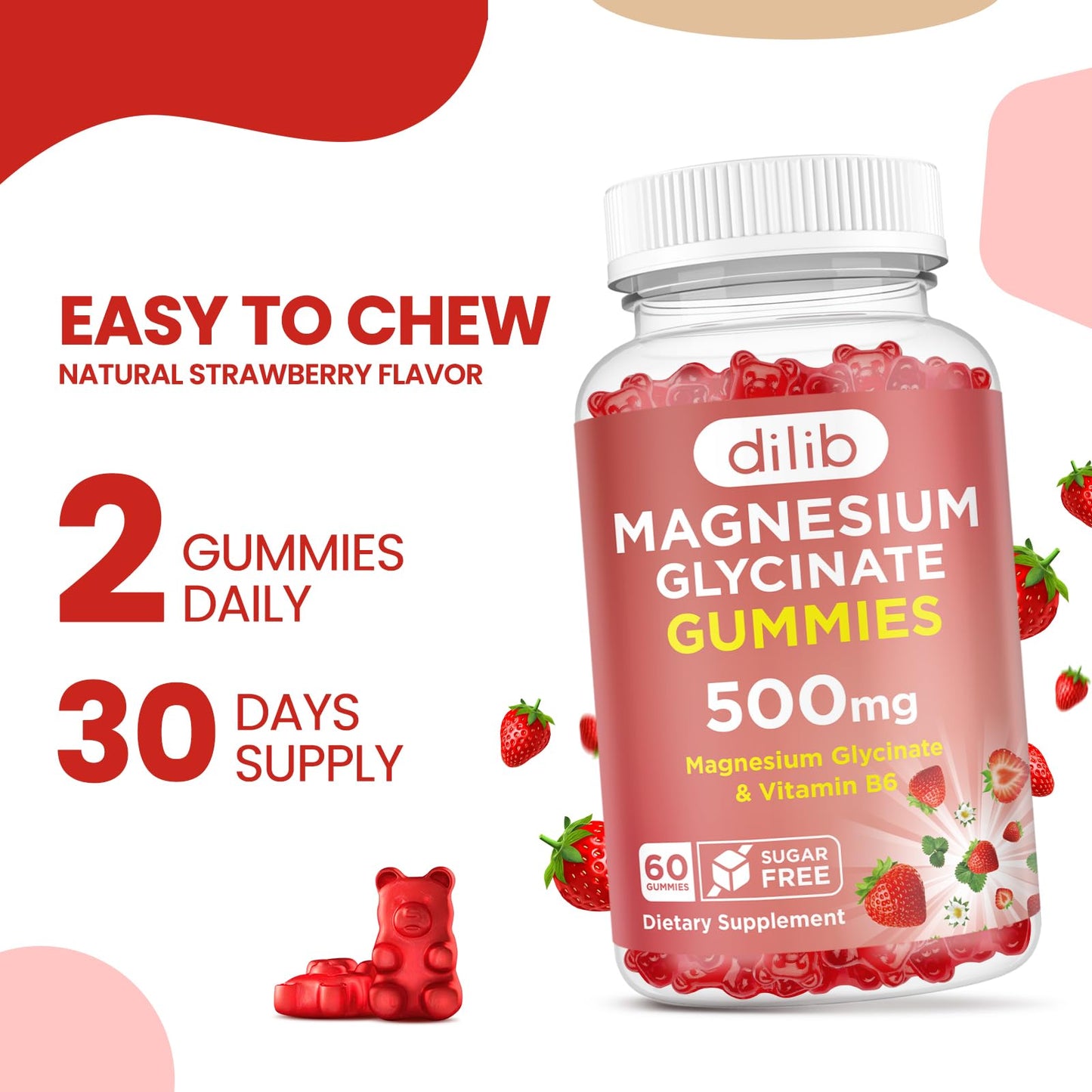 Magnesium Glycinate Gummies 500mg - Magnesium Supplement with Vitamin B6 for Adults & Magnesium for Kids - Calm Magnesium for Sleep, Mood, Muscle Support - Strawberry Flavor, 60 Gummies - dailyvitalstore