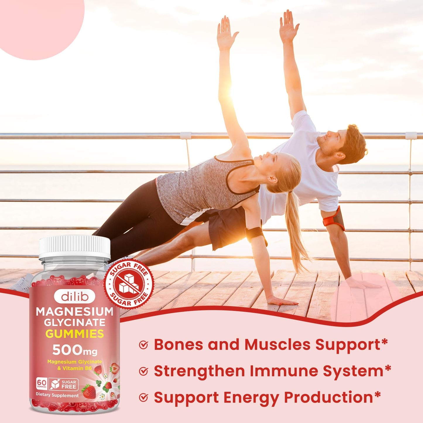Magnesium Glycinate Gummies 500mg - Magnesium Supplement with Vitamin B6 for Adults & Magnesium for Kids - Calm Magnesium for Sleep, Mood, Muscle Support - Strawberry Flavor, 60 Gummies - dailyvitalstore