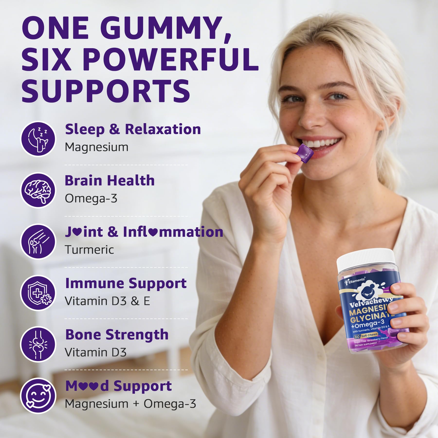 Magnesium Glycinate Gummies 500mg - Magnesium with Omega-3, Turmeric, Vitamin D3 & E | Magnesium Glycinate Soft Chews for Adults | for Sleep, Muscle & Brain | 60 Counts - dailyvitalstore