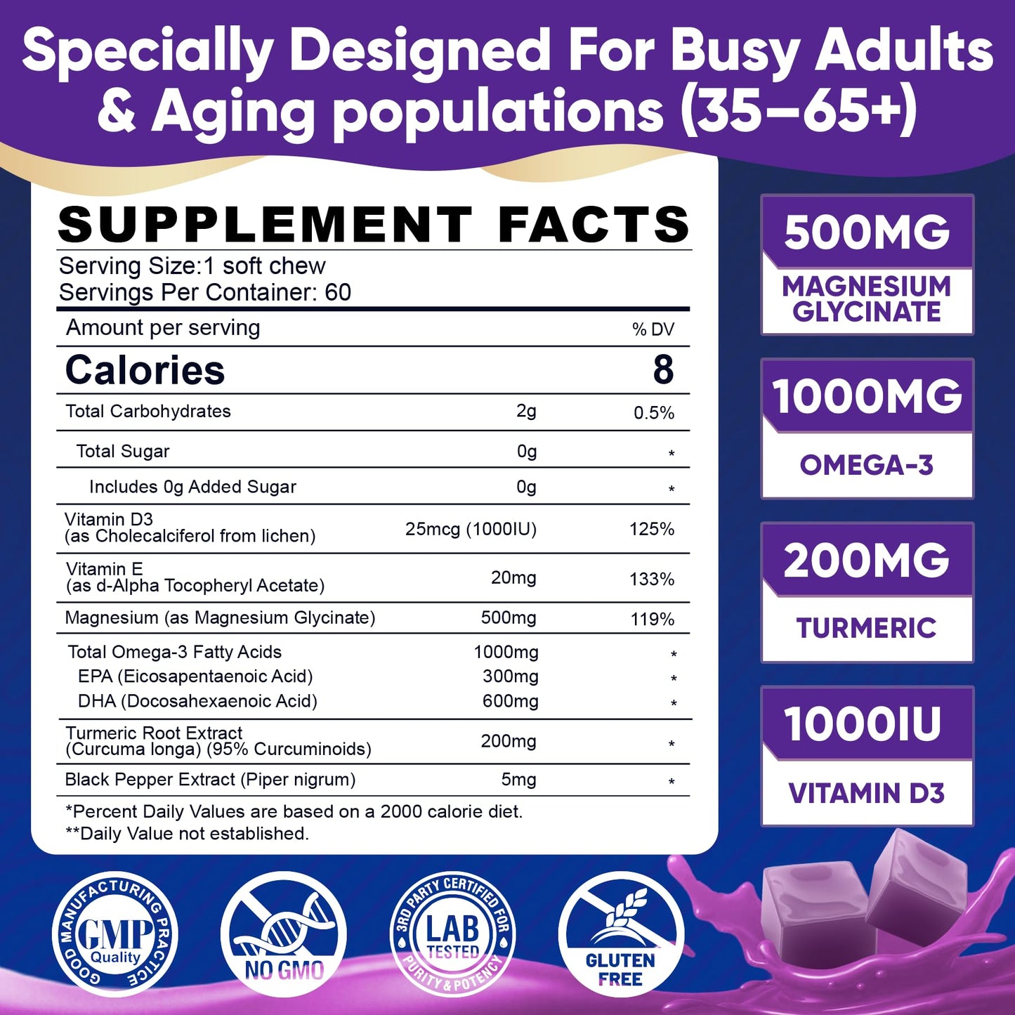 Magnesium Glycinate Gummies 500mg - Magnesium with Omega-3, Turmeric, Vitamin D3 & E | Magnesium Glycinate Soft Chews for Adults | for Sleep, Muscle & Brain | 60 Counts - dailyvitalstore