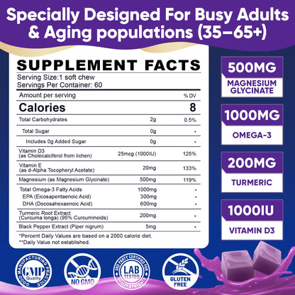 Magnesium Glycinate Gummies 500mg - Magnesium with Omega-3, Turmeric, Vitamin D3 & E | Magnesium Glycinate Soft Chews for Adults | for Sleep, Muscle & Brain | 60 Counts - dailyvitalstore