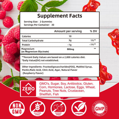 Magnesium Glycinate Gummies 500mg | Relaxation Calm Magnesium Gummies | Sugar-Free | Non-GMO | Gluten-Free | Vegan-Friendly for Adults & Kids (60 Raspberry Gummies) - dailyvitalstore
