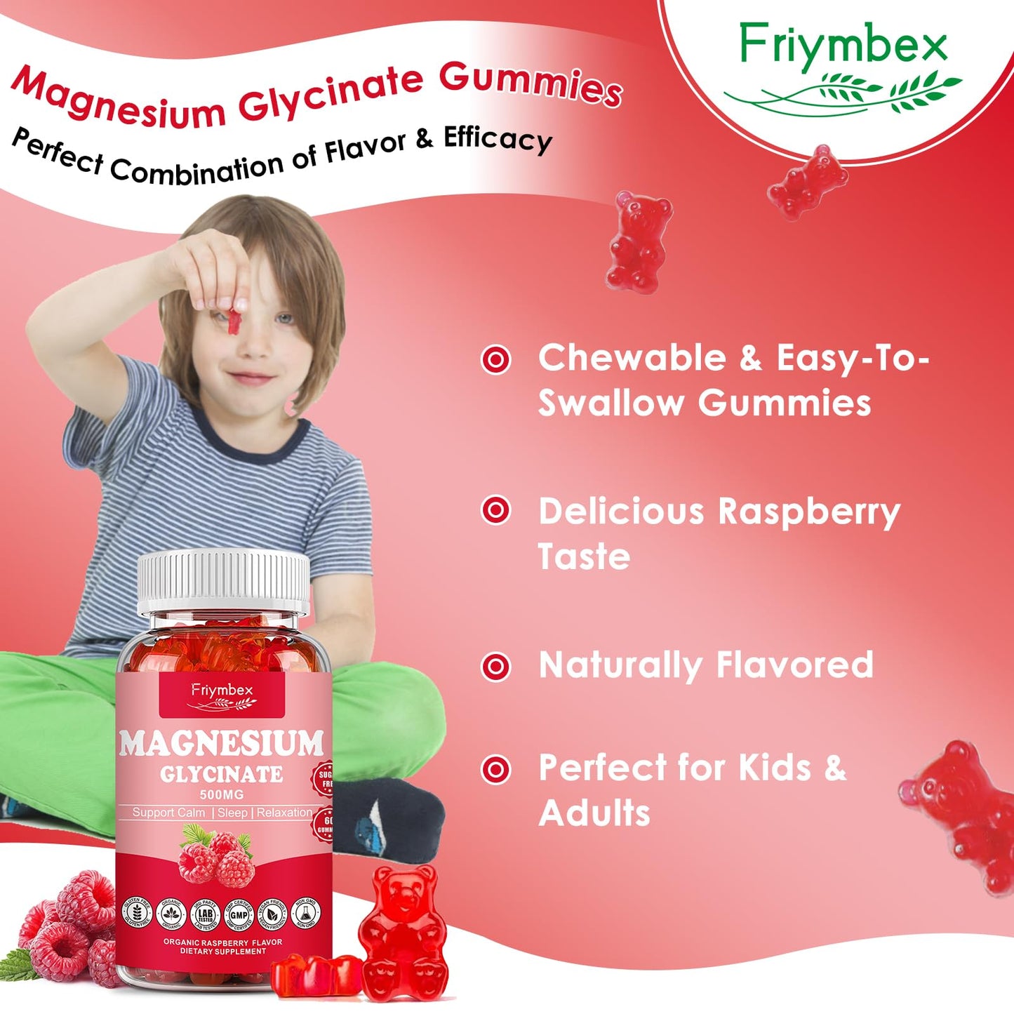 Magnesium Glycinate Gummies 500mg | Relaxation Calm Magnesium Gummies | Sugar-Free | Non-GMO | Gluten-Free | Vegan-Friendly for Adults & Kids (60 Raspberry Gummies) - dailyvitalstore