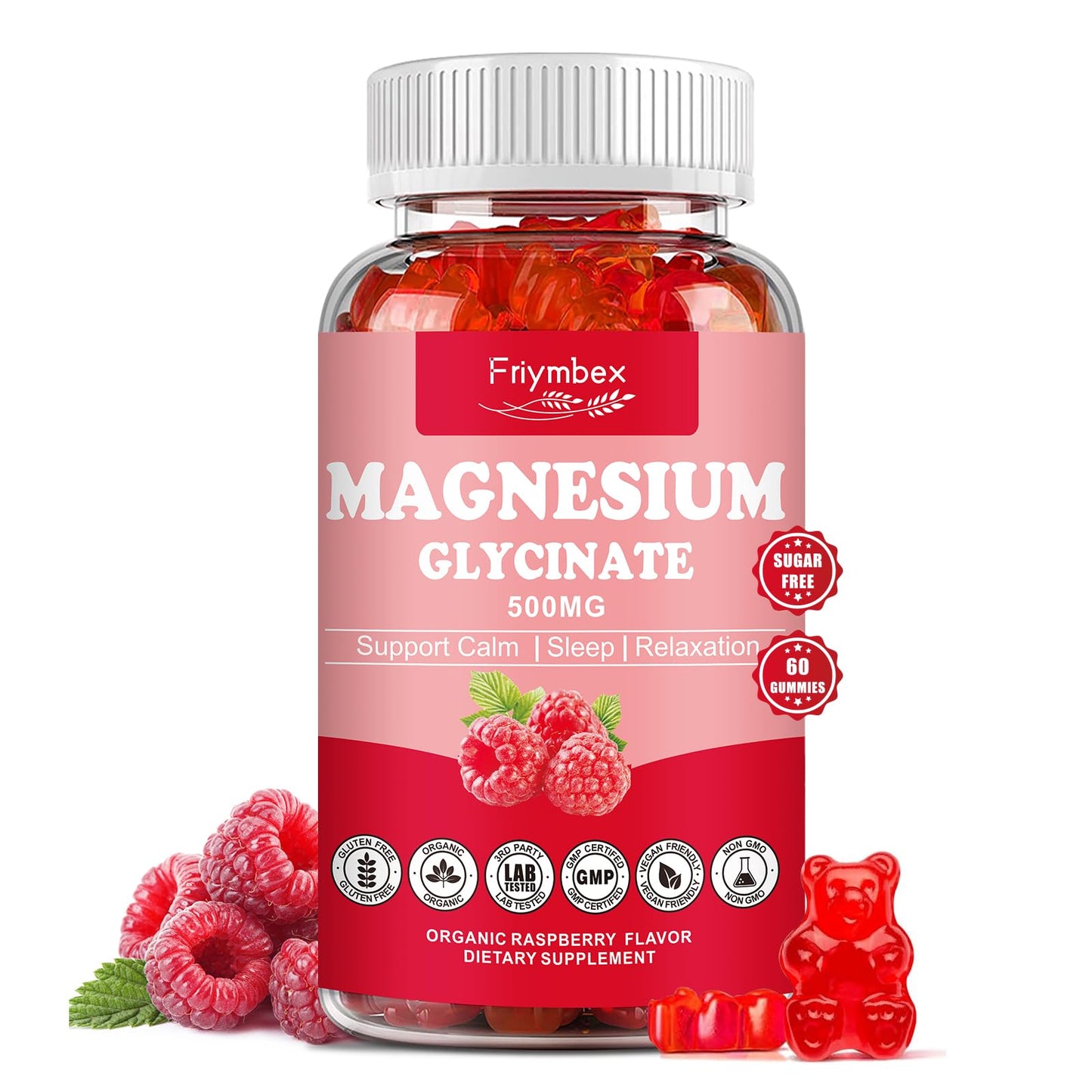 Magnesium Glycinate Gummies 500mg | Relaxation Calm Magnesium Gummies | Sugar-Free | Non-GMO | Gluten-Free | Vegan-Friendly for Adults & Kids (60 Raspberry Gummies) - dailyvitalstore