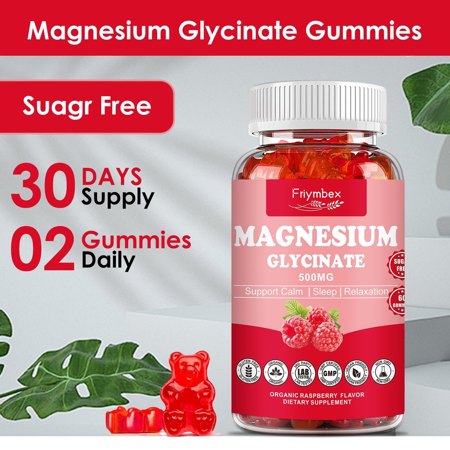 Magnesium Glycinate Gummies 500mg | Relaxation Calm Magnesium Gummies | Sugar-Free | Non-GMO | Gluten-Free | Vegan-Friendly for Adults & Kids (60 Raspberry Gummies) - dailyvitalstore