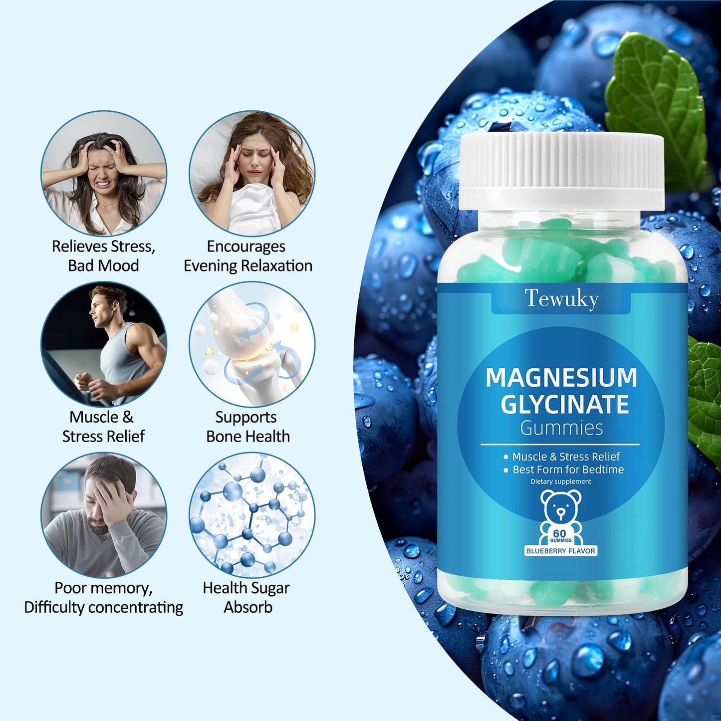 Magnesium Glycinate Gummies 500mg, Sugar-Free for Adults & Kids, Magnesium Gummies for Sleep, Stress & Muscle Relief, Supports Bone & Nerve Health, Vegan, Pectin-Based, 60 Count, Blueberry Flavor - dailyvitalstore
