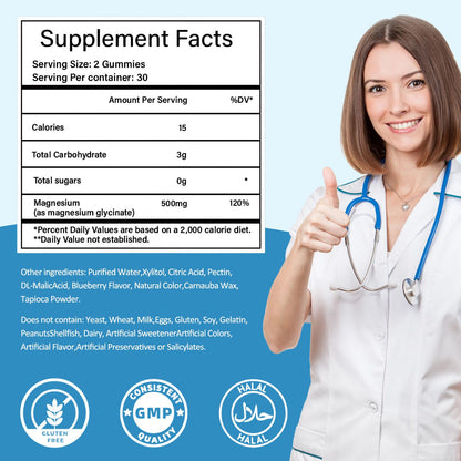Magnesium Glycinate Gummies 500mg, Sugar-Free for Adults & Kids, Magnesium Gummies for Sleep, Stress & Muscle Relief, Supports Bone & Nerve Health, Vegan, Pectin-Based, 60 Count, Blueberry Flavor - dailyvitalstore