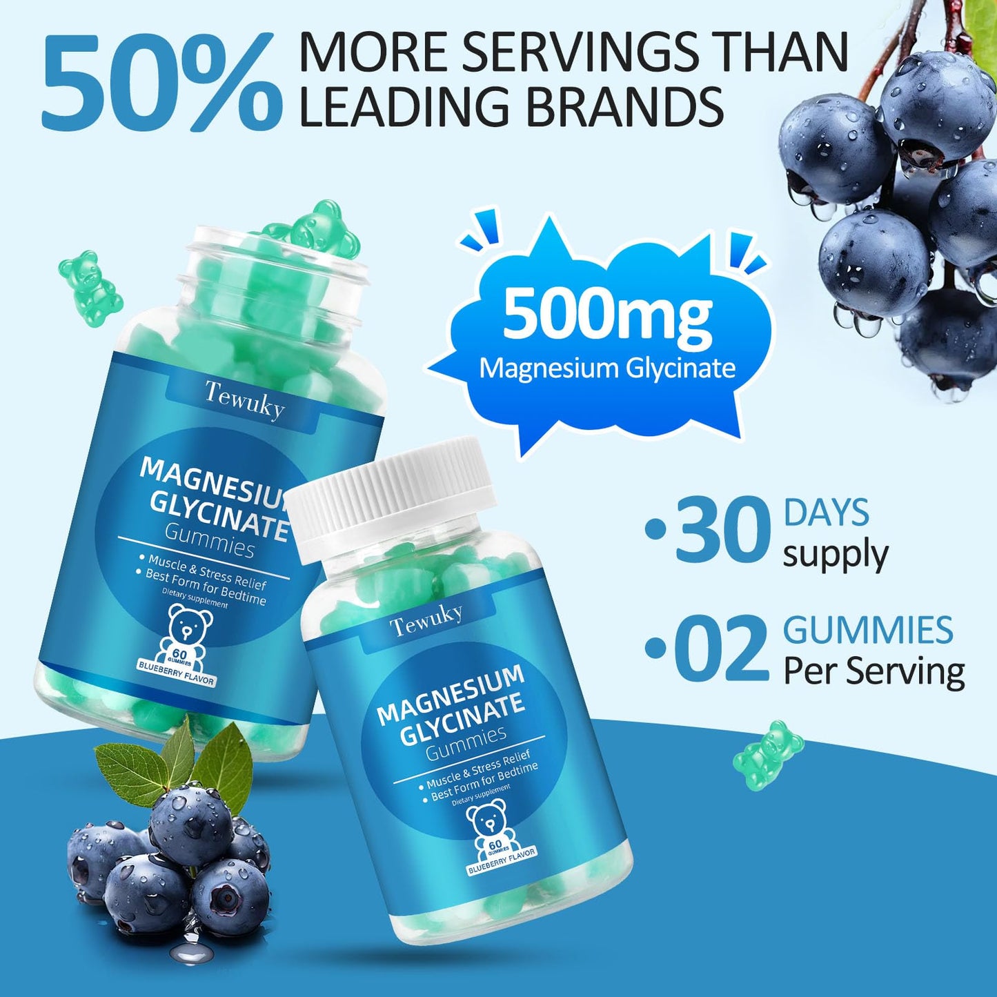 Magnesium Glycinate Gummies 500mg, Sugar-Free for Adults & Kids, Magnesium Gummies for Sleep, Stress & Muscle Relief, Supports Bone & Nerve Health, Vegan, Pectin-Based, 60 Count, Blueberry Flavor - dailyvitalstore