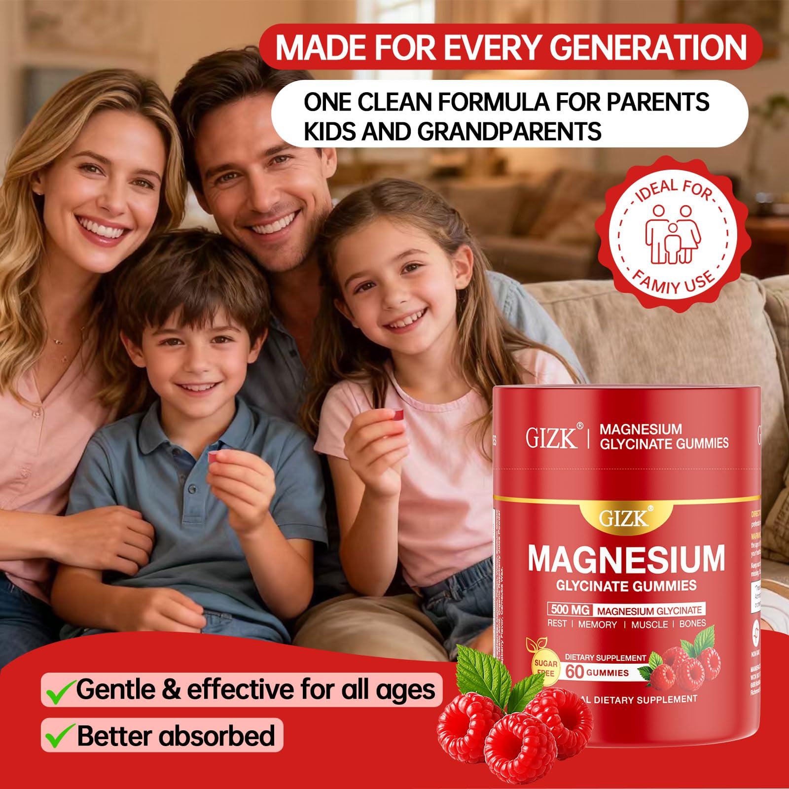 Magnesium Glycinate Gummies 500mg – Sugar Free Magnesium Gummies for Sleep, Stress, Muscle & Nerve Support – for Adults & Kids 4+, Vegan, No Melatonin (Raspberry Flavor, 60 Count) - dailyvitalstore