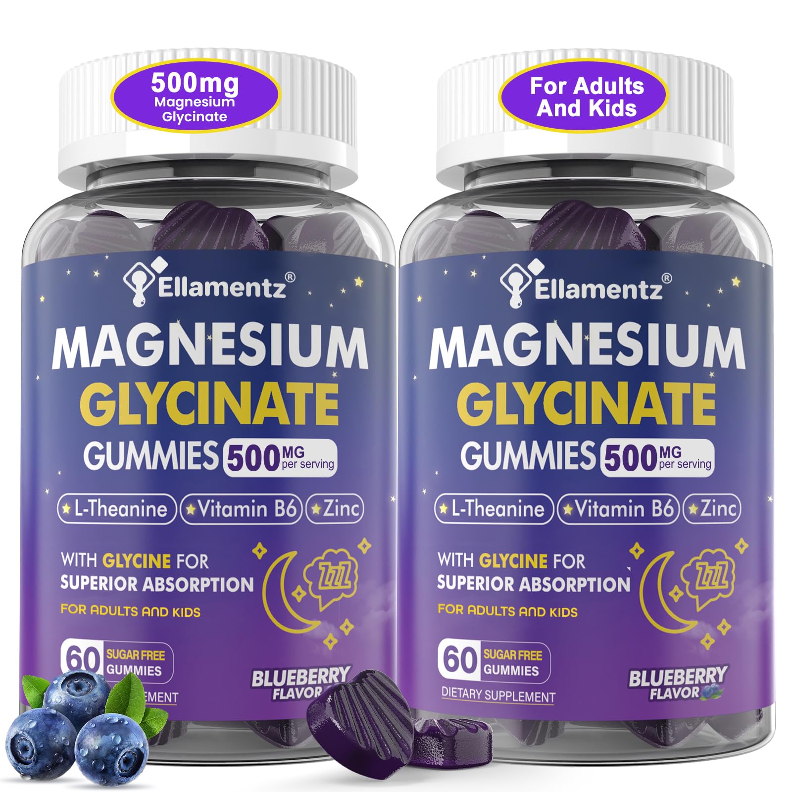 Magnesium Glycinate Gummies 500mg/250mg for Adults Kids Teens, Sugar Free Magnesium Calm Sleep Aid, Kids Sleep Gummies with L-Theanine Glycine B6 for Sleep, Calm, Muscle,Relax Brain,No Melatonin,2Pack - dailyvitalstore