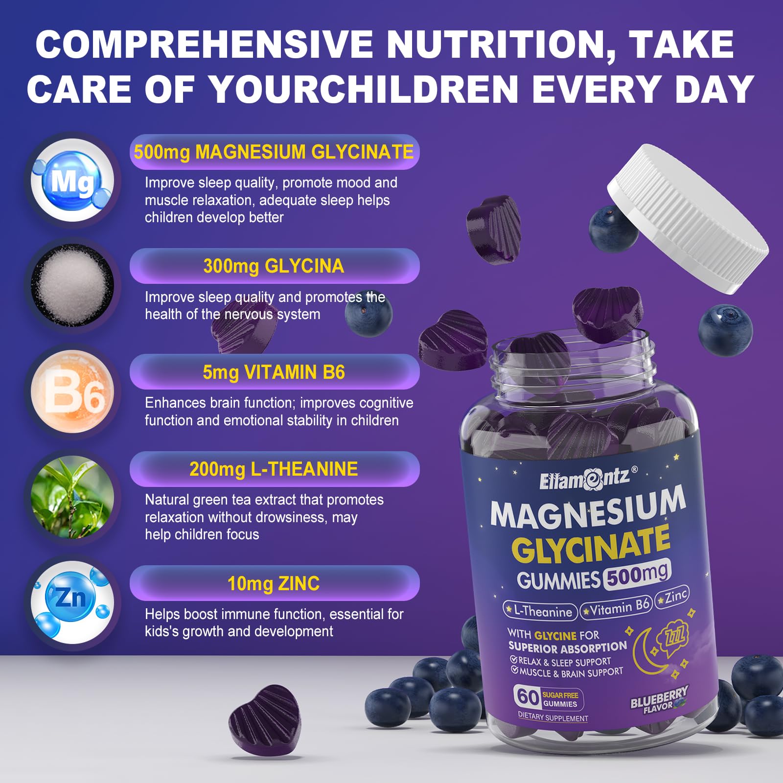 Magnesium Glycinate Gummies 500mg/250mg for Adults Kids Teens, Sugar Free Magnesium Calm Sleep Aid, Kids Sleep Gummies with L-Theanine Glycine B6 for Sleep, Calm, Muscle,Relax Brain,No Melatonin,2Pack - dailyvitalstore