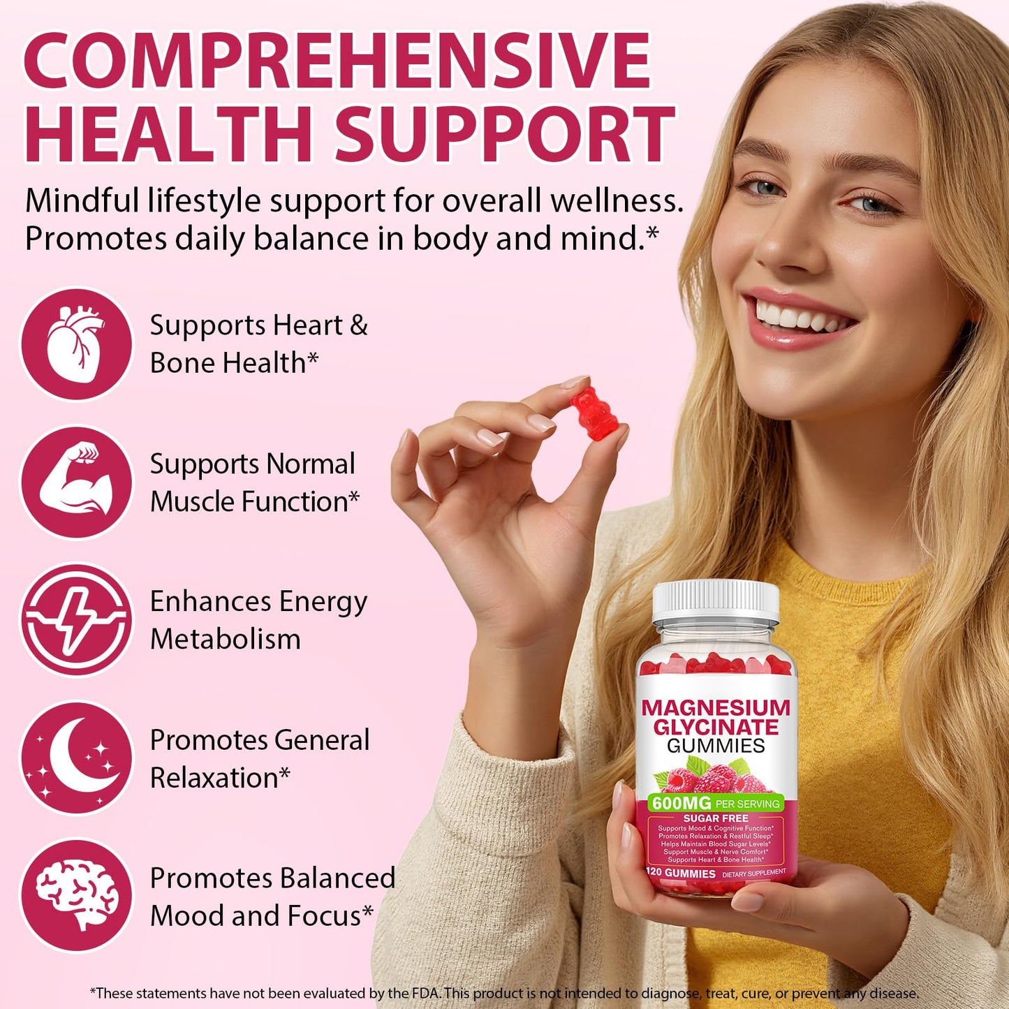 Magnesium Glycinate Gummies 600mg 120 Count - Sugar Free Magnesium Supplement - Supports for Sleep, Memory, Mood, Muscle, Relaxation, Heart & Bone Health - dailyvitalstore
