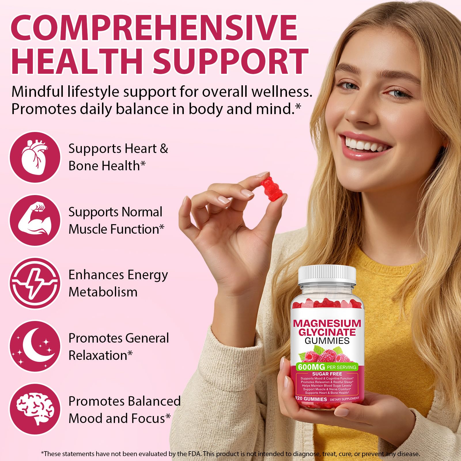 Magnesium Glycinate Gummies 600mg 120 Count - Sugar Free Magnesium Supplement - Supports for Sleep, Memory, Mood, Muscle, Relaxation, Heart & Bone Health - dailyvitalstore