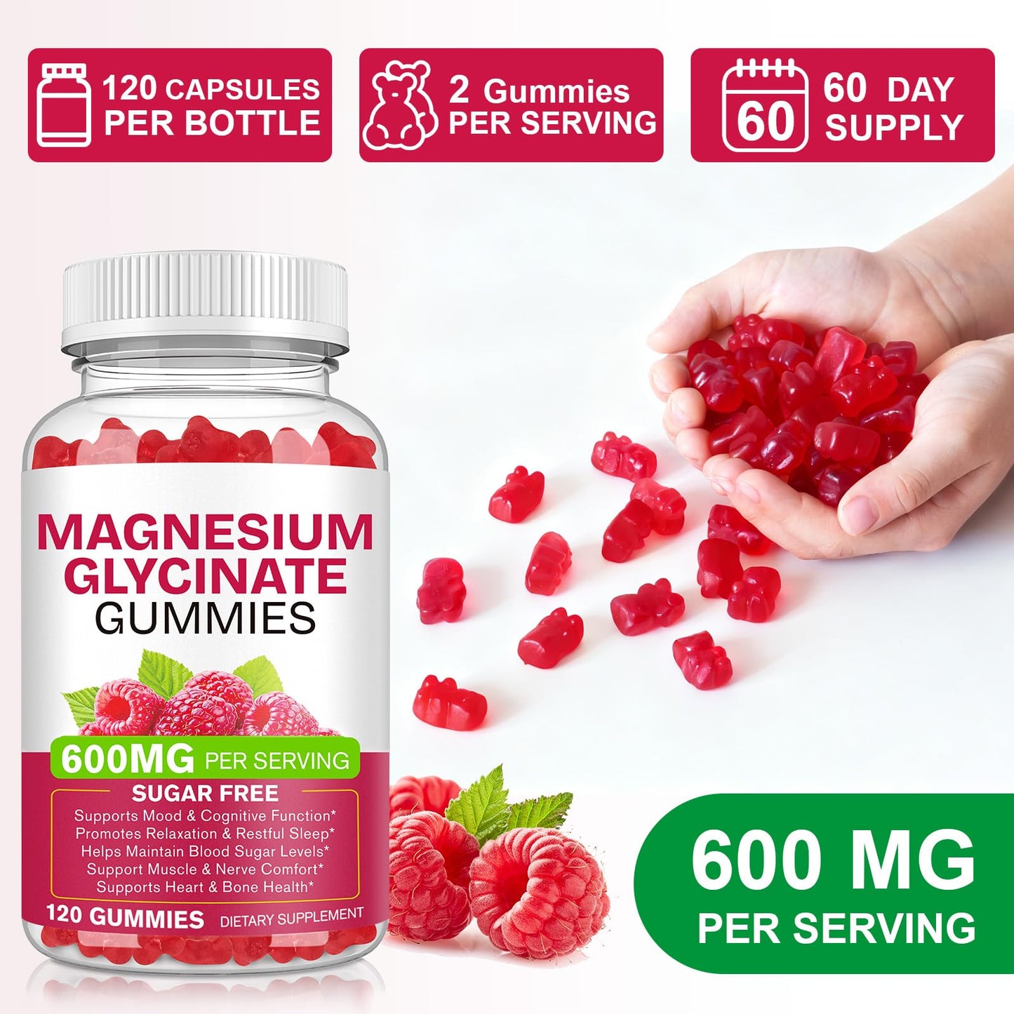 Magnesium Glycinate Gummies 600mg 120 Count - Sugar Free Magnesium Supplement - Supports for Sleep, Memory, Mood, Muscle, Relaxation, Heart & Bone Health - dailyvitalstore