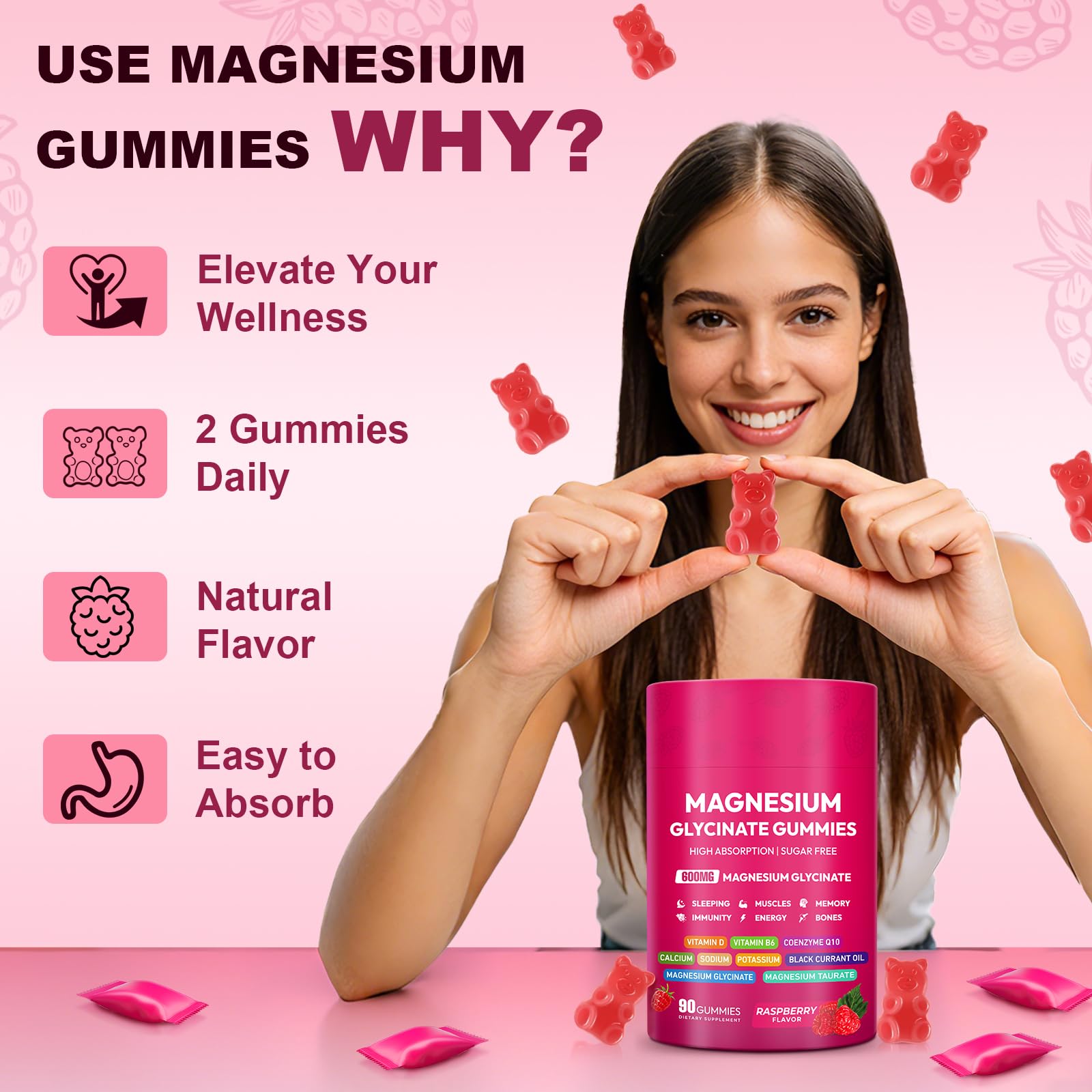 Magnesium Glycinate Gummies 600mg, High Absorption Magnesium Complex, Sugar Free Chewables Gummies with VitaminD & B6 - dailyvitalstore
