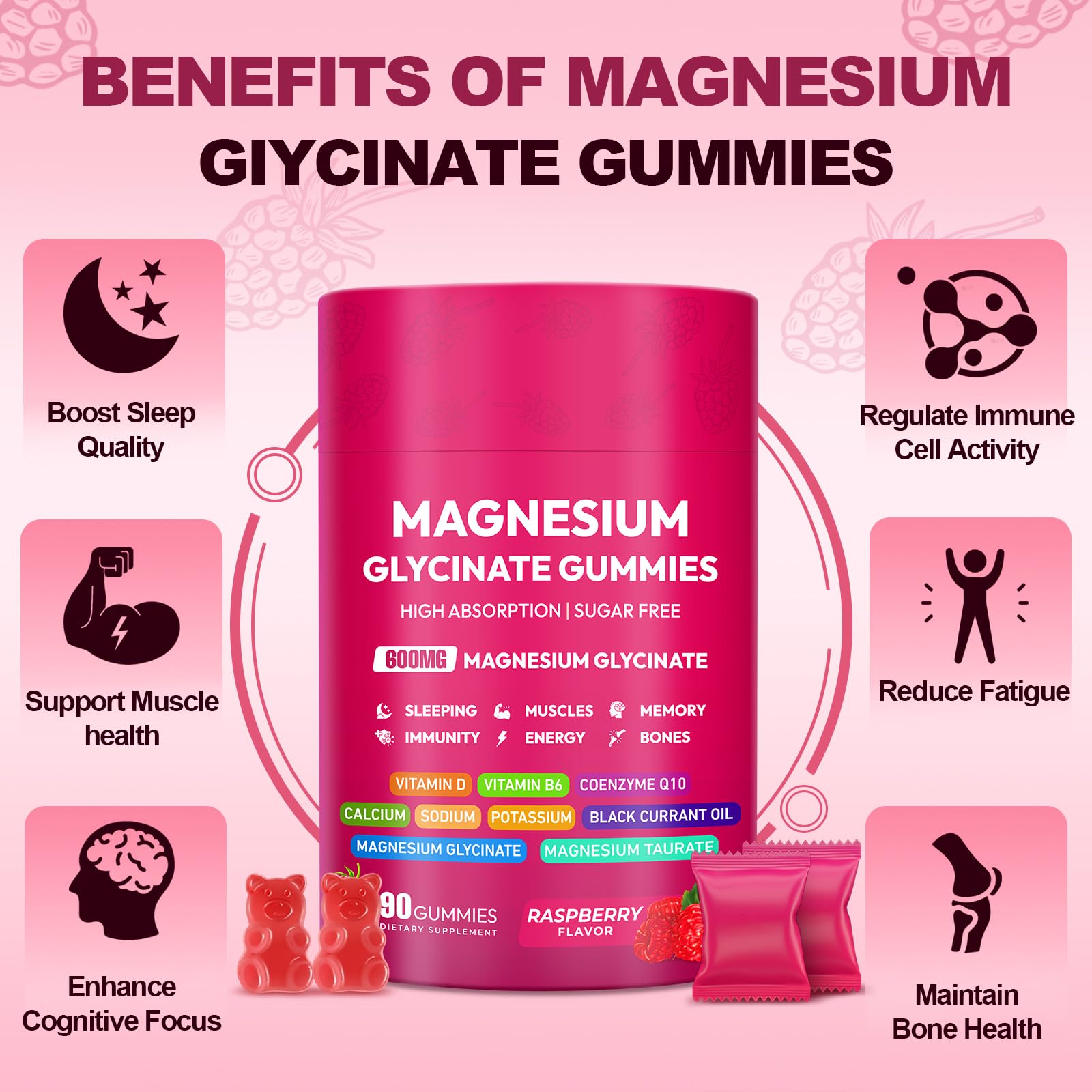 Magnesium Glycinate Gummies 600mg, High Absorption Magnesium Complex, Sugar Free Chewables Gummies with VitaminD & B6 - dailyvitalstore