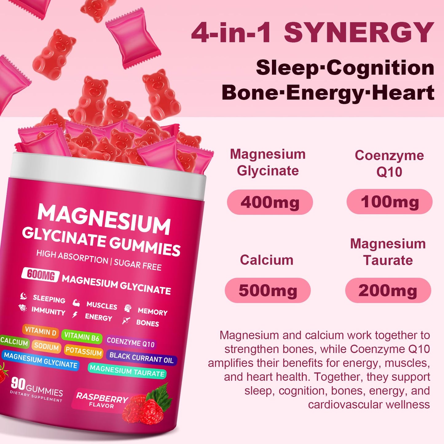 Magnesium Glycinate Gummies 600mg, High Absorption Magnesium Complex, Sugar Free Chewables Gummies with VitaminD & B6 - dailyvitalstore