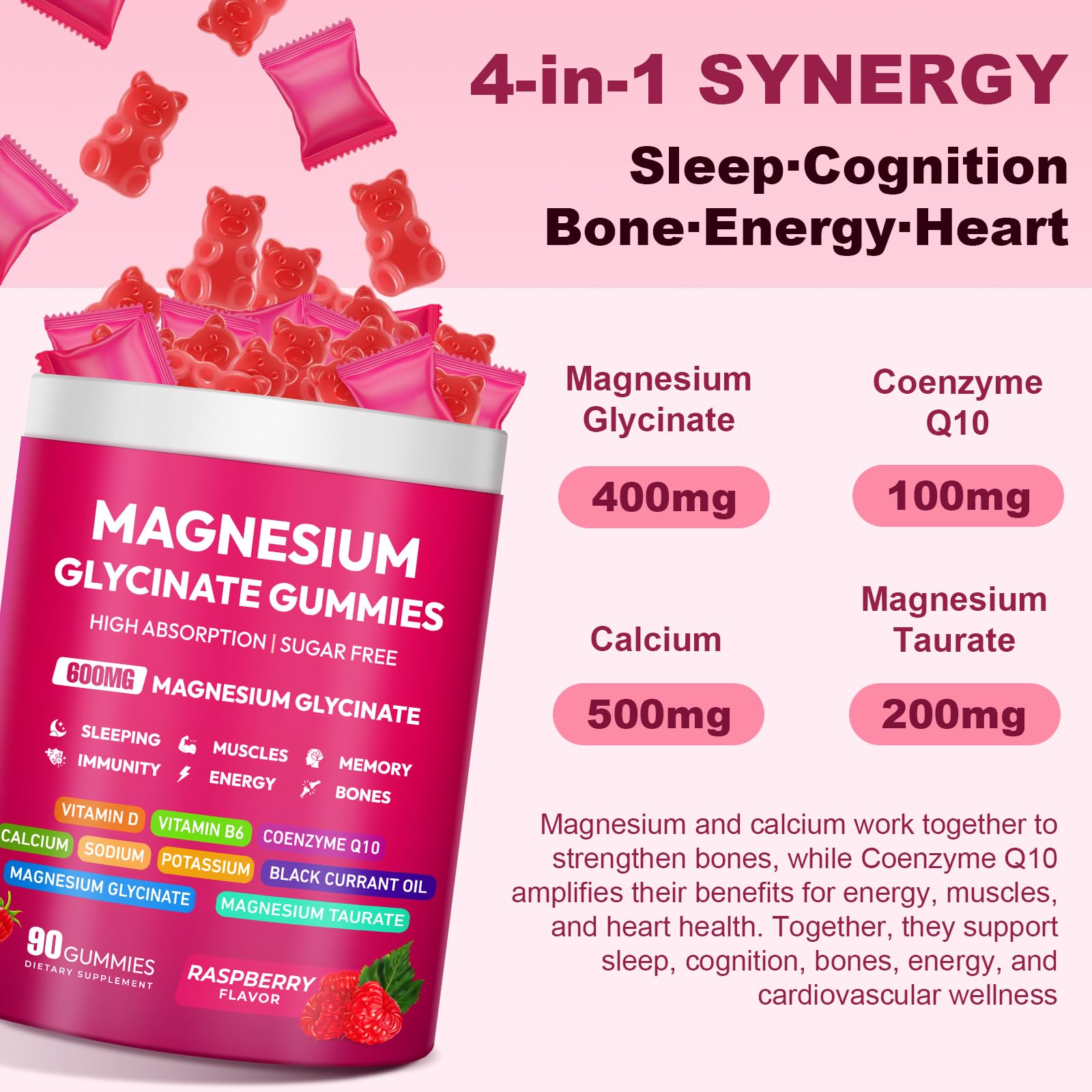 Magnesium Glycinate Gummies 600mg, High Absorption Magnesium Complex, Sugar Free Chewables Gummies with VitaminD & B6 - dailyvitalstore