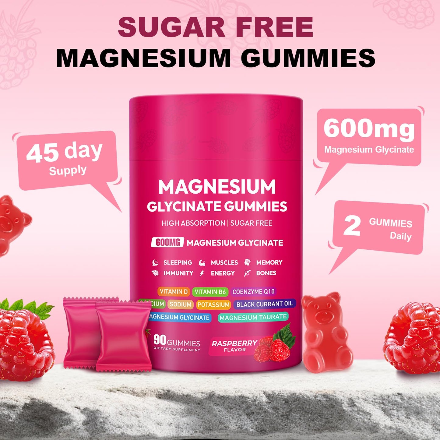 Magnesium Glycinate Gummies 600mg, High Absorption Magnesium Complex, Sugar Free Chewables Gummies with VitaminD & B6 - dailyvitalstore