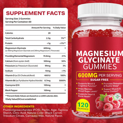 Magnesium Glycinate Gummies 600mg – Sugar-Free High Absorption Magnesium with L-Threonate, Supports Relaxation, Calm & Restful Sleep, - dailyvitalstore