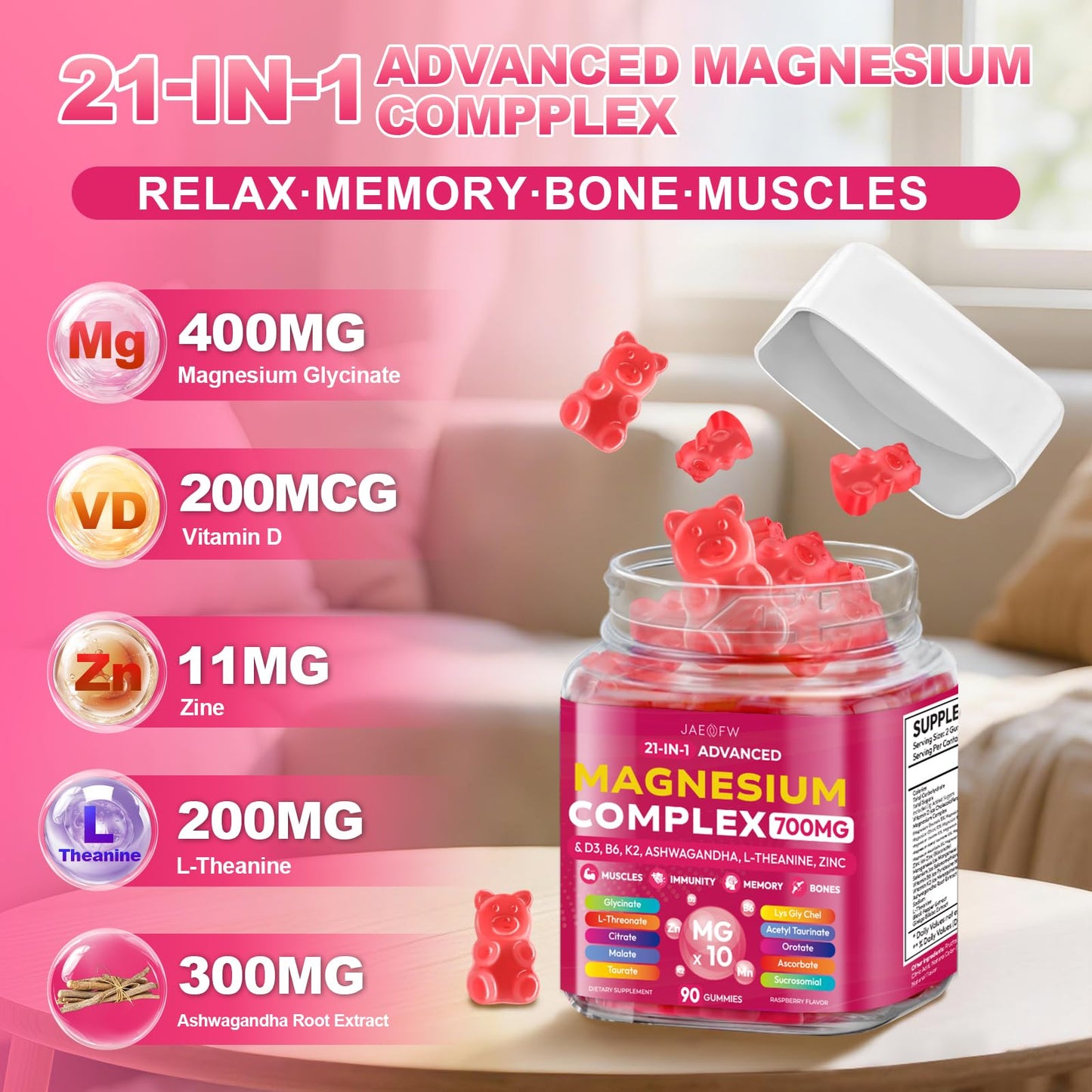 Magnesium Glycinate Gummies 700MG - 21-in-1 Advanced Magnesium Supplement with Ashwagandha, L-Theanine, Zinc, Vitamin - Sugar Free Magnesium Gummies for zzZ - dailyvitalstore