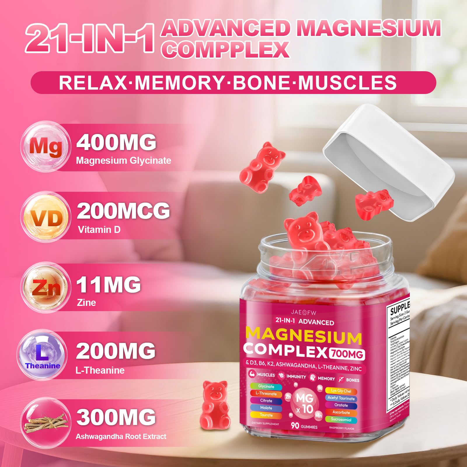 Magnesium Glycinate Gummies 700MG - 21-in-1 Advanced Magnesium Supplement with Ashwagandha, L-Theanine, Zinc, Vitamin - Sugar Free Magnesium Gummies for zzZ - dailyvitalstore