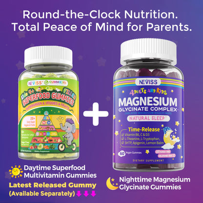 Magnesium Glycinate Gummies for Adults & Kids 4+, Sugar Free Magnesium Bisglycinate Supplement 400/200mg with B6D3, 5HTP, L-Theanine for Sleep & Relaxation, Brain, Muscle, Melatonin Free Gummies,2Pack - dailyvitalstore