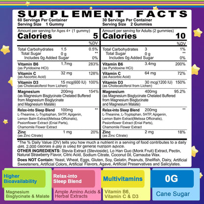 Magnesium Glycinate Gummies for Adults & Kids 4+, Sugar Free Magnesium Bisglycinate Supplement 400/200mg with B6D3, 5HTP, L-Theanine for Sleep & Relaxation, Brain, Muscle, Melatonin Free Gummies,2Pack - dailyvitalstore