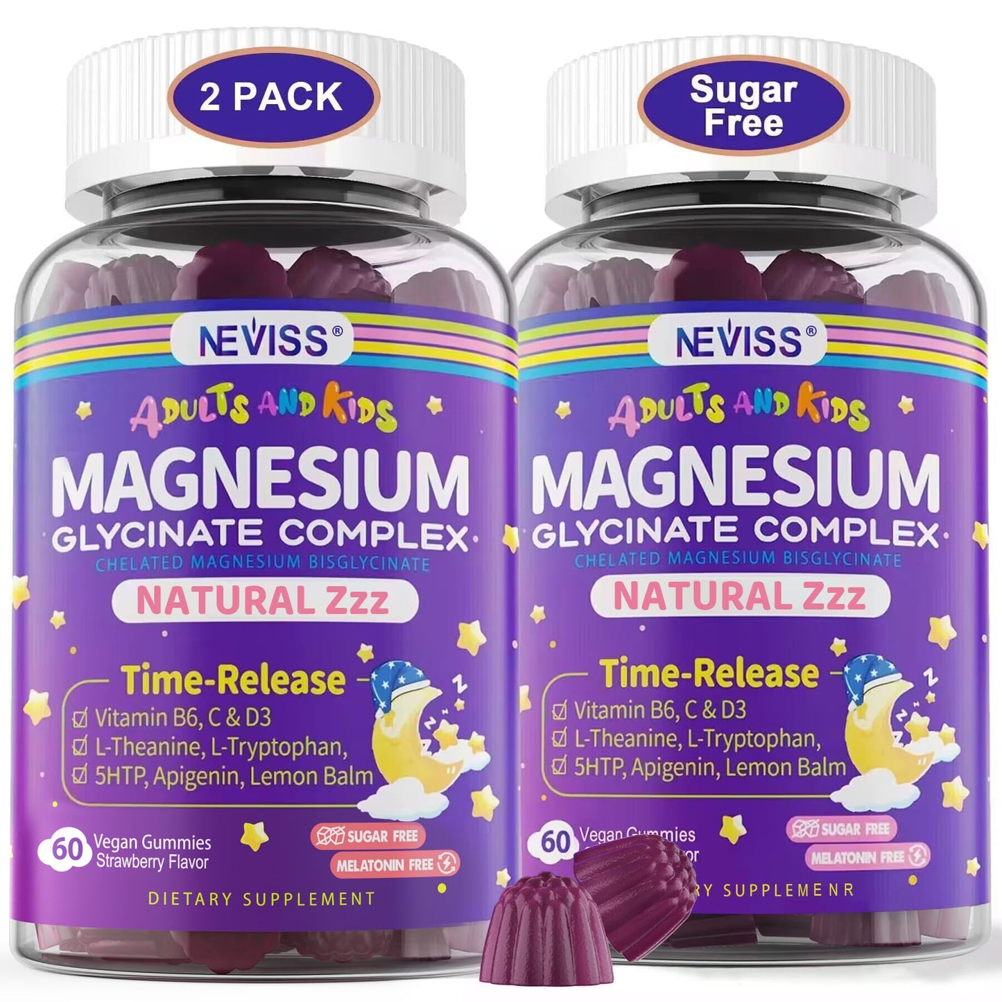 Magnesium Glycinate Gummies for Adults & Kids 4+, Sugar Free Magnesium Bisglycinate Supplement 400/200mg with B6D3, 5HTP, L-Theanine for Sleep & Relaxation, Brain, Muscle, Melatonin Free Gummies,2Pack - dailyvitalstore