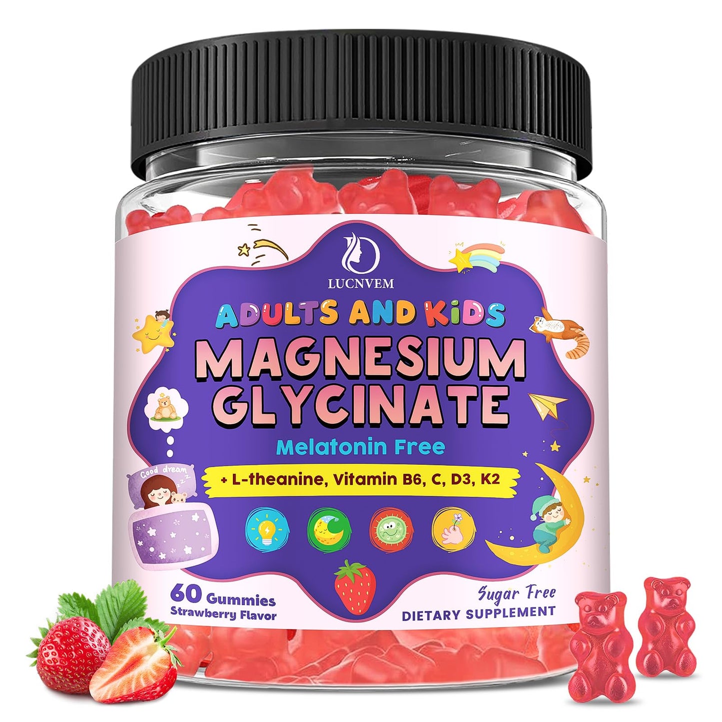 Magnesium Glycinate Gummies for Kids 4+ & Adults- Magnesium Glycinate 150/300 mg for Natural Sleep, Relaxation & Calm Support, Melatonin Free, Sugar Free Strawberry Flavor, 60 Ct - dailyvitalstore