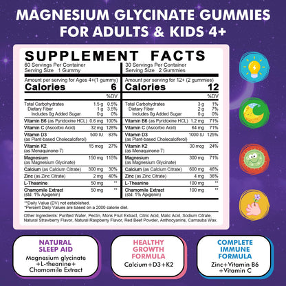 Magnesium Glycinate Gummies for Kids 4+ & Adults- Magnesium Glycinate 150/300 mg for Natural Sleep, Relaxation & Calm Support, Melatonin Free, Sugar Free Strawberry Flavor, 60 Ct - dailyvitalstore