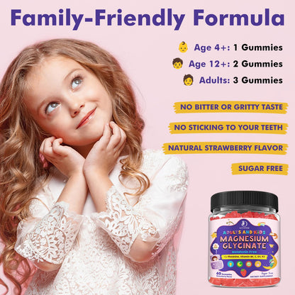 Magnesium Glycinate Gummies for Kids 4+ & Adults- Magnesium Glycinate 150/300 mg for Natural Sleep, Relaxation & Calm Support, Melatonin Free, Sugar Free Strawberry Flavor, 60 Ct - dailyvitalstore