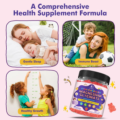 Magnesium Glycinate Gummies for Kids 4+ & Adults- Magnesium Glycinate 150/300 mg for Natural Sleep, Relaxation & Calm Support, Melatonin Free, Sugar Free Strawberry Flavor, 60 Ct - dailyvitalstore