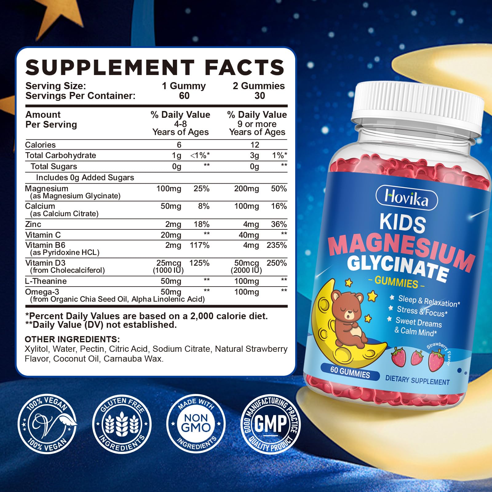 Magnesium Glycinate Gummies for Kids - with L-Theanine, Omega-3, Vitamin B6, D3, Zinc - Kids Magnesium Gummies for Sleep, Relaxation, Calm & Focus - Sugar Free Strawberry 60ct - dailyvitalstore